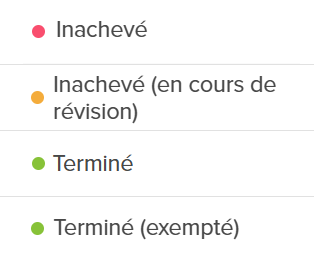 List of completion statuses. They are "Incomplete", "Incomplete (in review)", "Complete", and "Complete (exempt)".